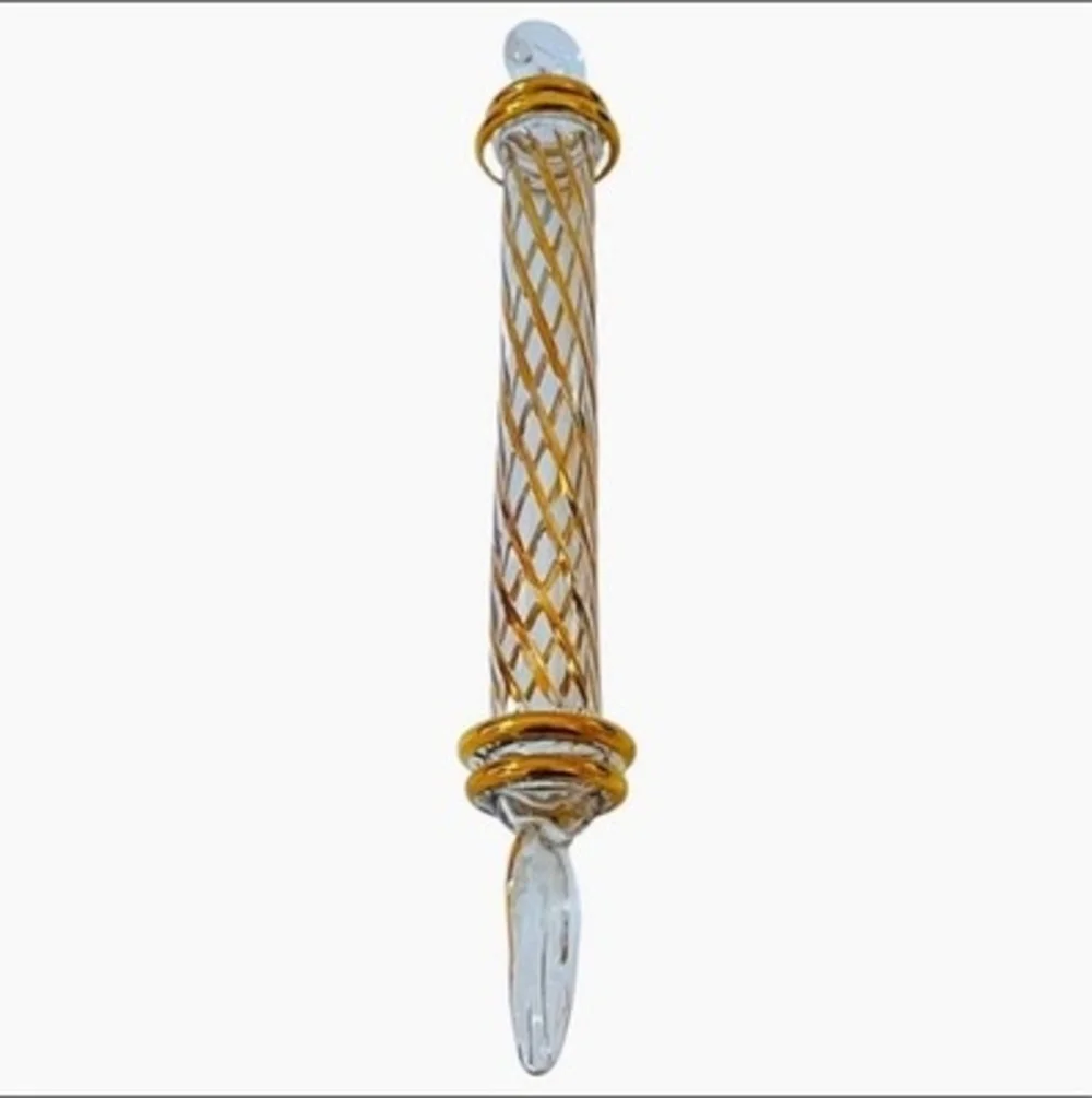 Oversized Egyptian Glass Teardrop Ornament Plaid Gold White Xmas 8.5” Holiday